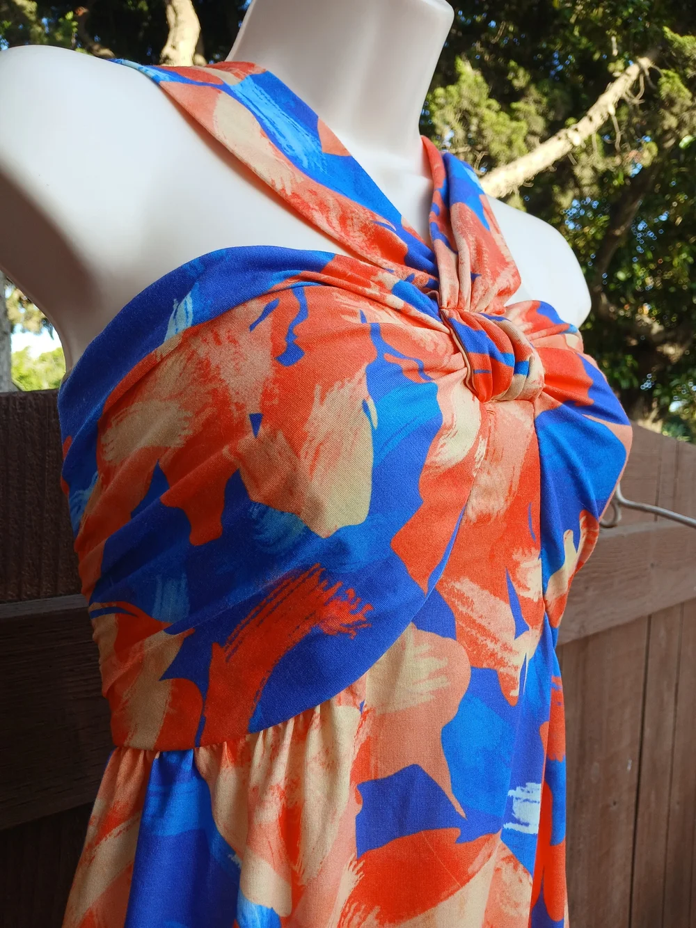 GRACE KARIN Criss Cross Halter Floral Maxi Dress Orange Blue Size L with Pockets - Picture 3 of 14